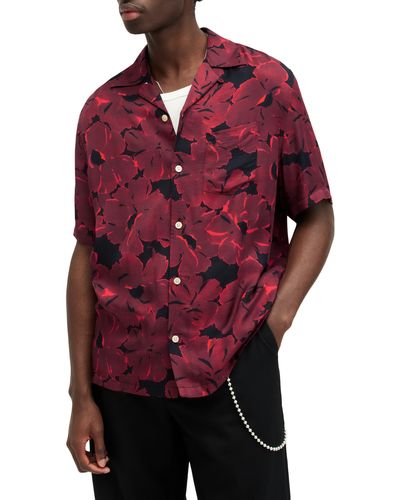 AllSaints Kaza Relaxed Fit Floral Camp Shirt - Red