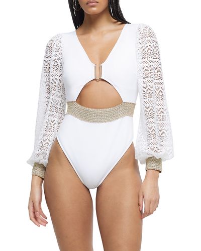 River Island Lace Long Sleeve Cutout One-piece Swimsuit - White