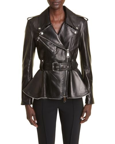 Alexander McQueen Peplum Lambskin Leather Biker Jacket - Black
