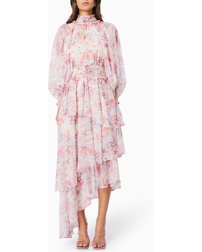 Elliatt Astrid Floral Print Long Sleeve Asymmetric Chiffon Dress - Pink