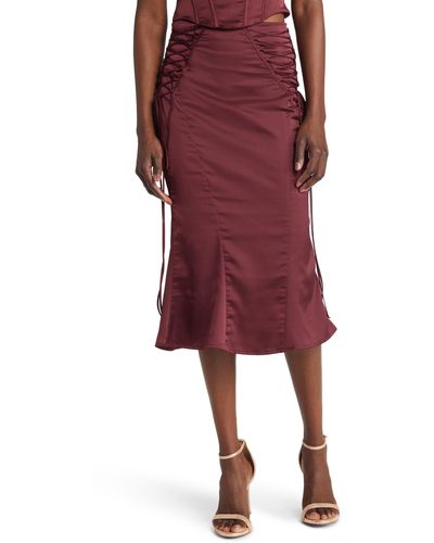 House Of Cb Sidonie Lace-up Satin Trumpet Midi Skirt - Red