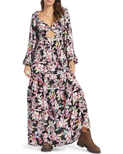 Roxy On Holiday Floral Cutout Long Sleeve Maxi Dress - White