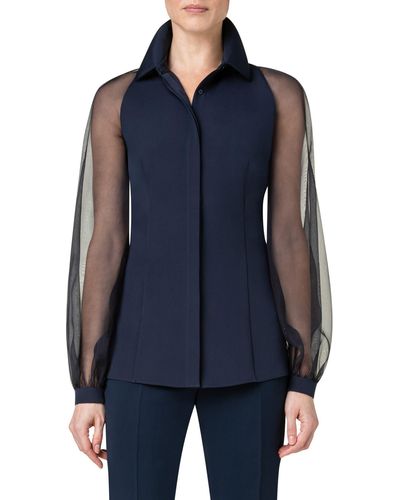 Akris Fitted Silk Stretch Crepe & Organza Blouse - Blue