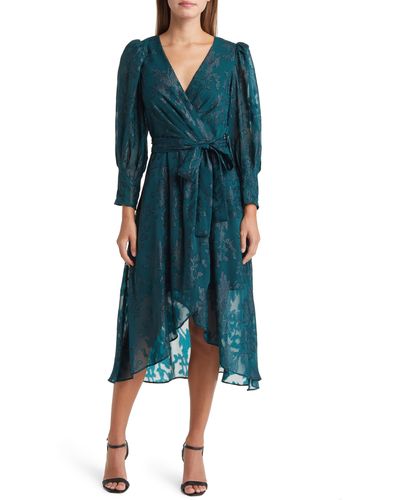 Eliza J Metallic Floral Jacquard Long Sleeve Dress - Blue