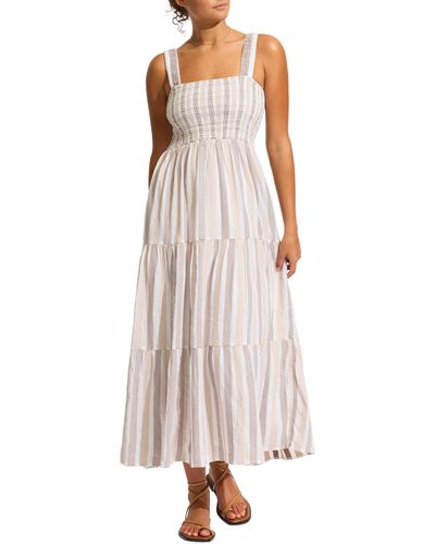 Seafolly Beach Edit Embroidered Tiered Smocked Cotton Cover-up Maxi Dress - Natural