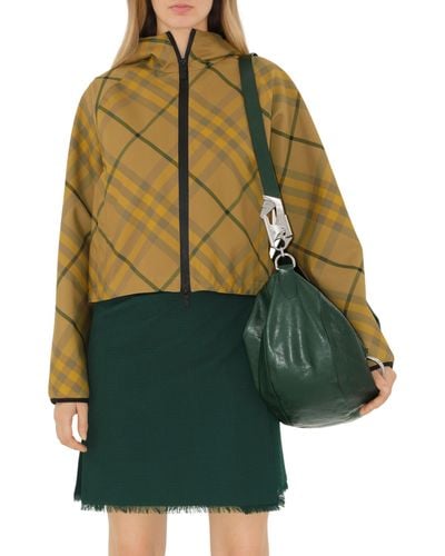 Burberry Relaxed Fit Check Hooded Crop Rain Jacket - Green