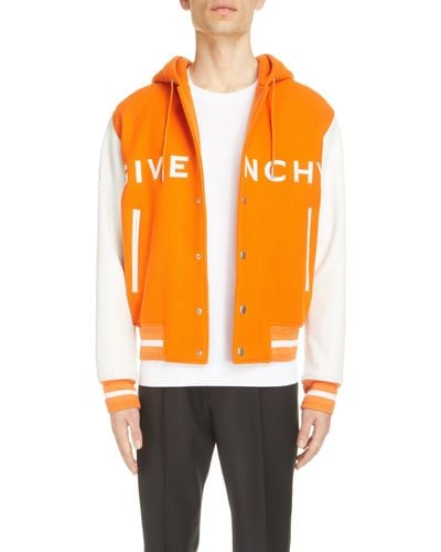 Givenchy Mixed Media Logo Wool Blend Varsity Jacket - Orange