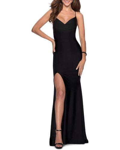 La Femme Jersey Column Gown - Black