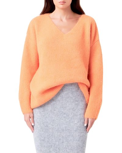 Endless Rose Fuzzy V-neck Rib Sweater - Orange