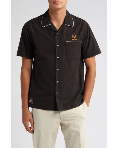 Percival Percico Citrus Embroidered Short Sleeve Cotton Graphic Bowling Shirt - Black