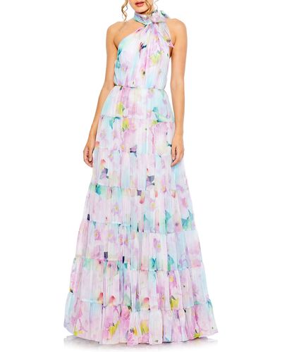 Mac Duggal Floral Asymmetric Halter Neck Tiered Gown - White