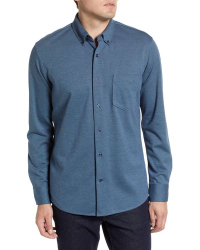 Nordstrom Trim Fit Knit Button-down Shirt - Blue