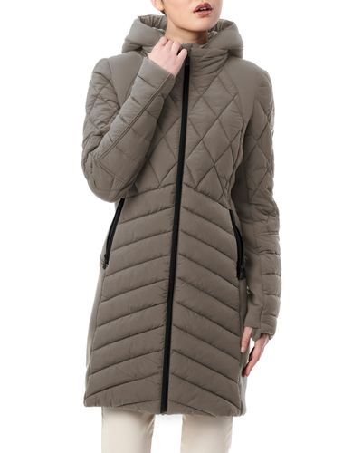 Bernardo Packable Mixed Media Water Resistant Quilted Puffer Coat - Brown