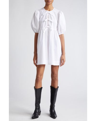 Ganni Bow Front Puff Sleeve Organic Cotton Dress - White