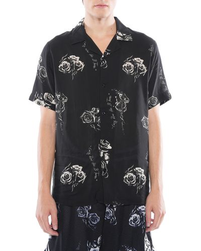Cult Of Individuality Rose Print Short Sleeve Cotton Button-up Shirt - Black