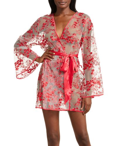 Coquette Floral Embroide Sheer Mesh Robe At Nordstrom - Red