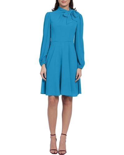 Maggy London Catalina Tie Neck Long Sleeve Fit & Flare Crepe Dress - Blue