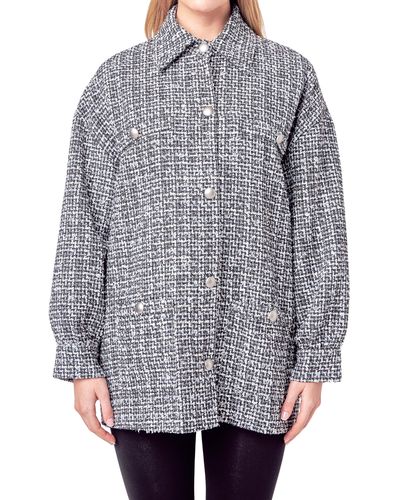 English Factory Tweed Button-up Shirt Jacket - Gray