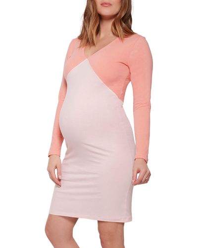 Stowaway Collection Boom Long Sleeve Maternity Cover-up Dress - Pink