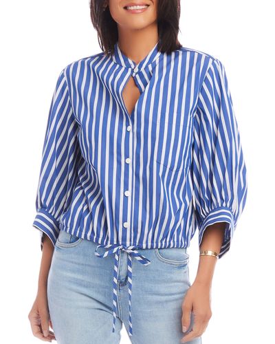 Karen Kane Stripe Tie Hem Cotton Blend Button-up Shirt - Blue