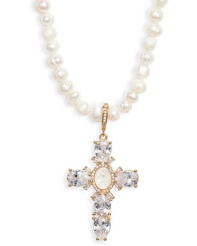 VIDAKUSH Virgin Mary Cross Pearl Necklace - White