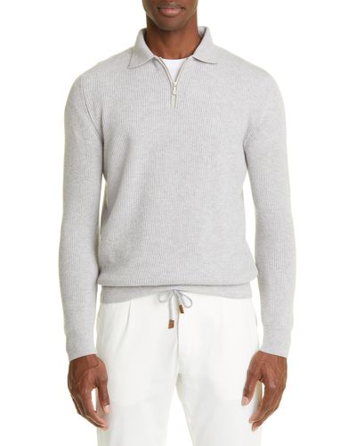 Eleventy Long Sleeve Fine Gauge Cashmere Zip Polo Sweater - White