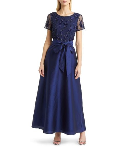 Pisarro Nights 3d Floral Bodice Beaded Gown - Blue