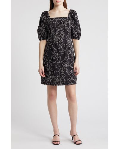 Anne Klein Floral Embroidered Puff Sleeve Shift Dress - Black