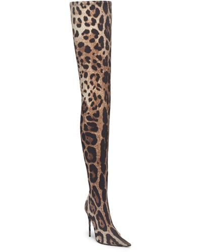 Dolce & Gabbana Kim Leopard Print Pointed Toe Over The Knee Boot - Black