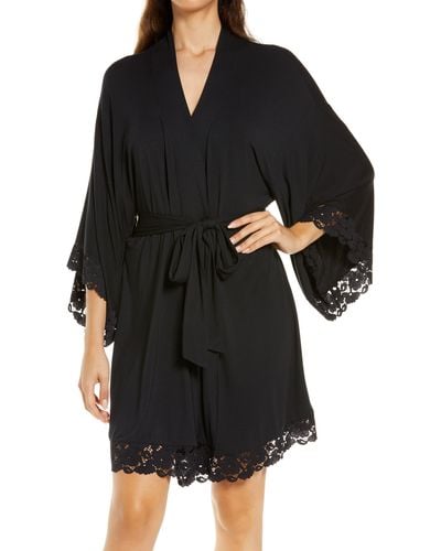 Eberjey Naya Lace Trim Jersey Knit Robe - Black