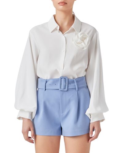 Endless Rose Corsage Bishop Sleeve Button-up Top - Blue