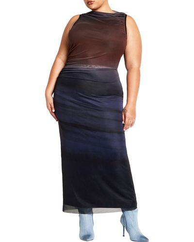 City Chic Jordan Print Sleeveless Mesh Maxi Dress - Blue