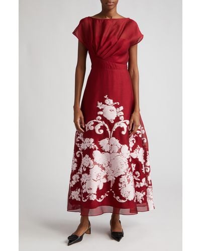 Lela Rose Evelyn Floral Embroidery Dress - Red