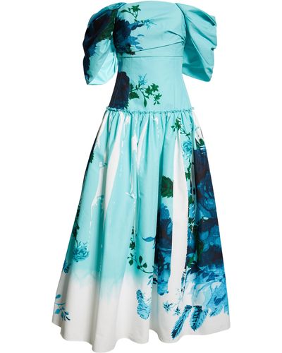 Erdem Floral Print Off The Shoulder Faille Cocktail Dress - Blue