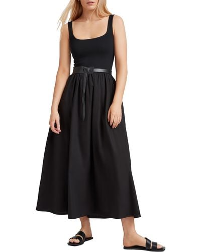 MARCELLA Clara Belted Ponte & Cotton Midi A-line Dress - Black