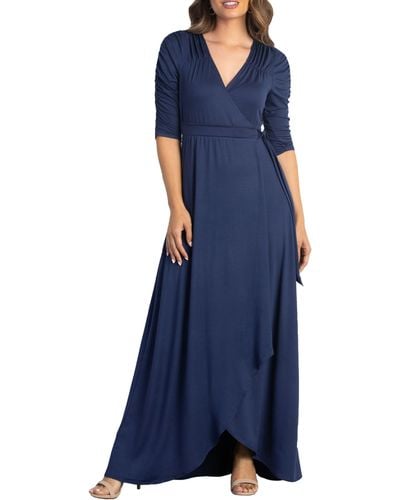 Kiyonna Meadow Dream Faux Wrap V-neck Elbow Sleeve Dress - Blue