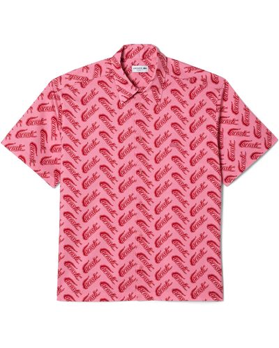 Lacoste Relaxed Fit Logo Print Short Sleeve Button-up Shirt - Pink