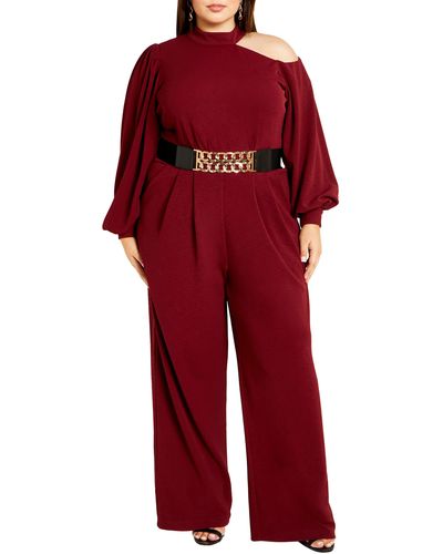 City Chic Charlie Shoulder Cutout Long Sleeve Jumpsuit - Red
