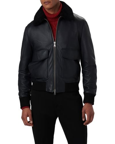 Bugatchi Leather Bomber Jacket With Removable Genuine Shearling Collar - Black