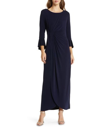 Connected Apparel Bell Sleeve Gathered Waist Gown - Blue