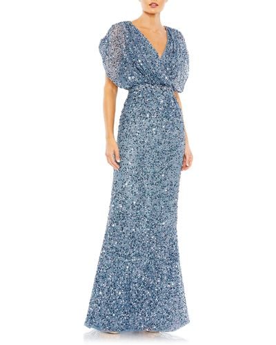 Mac Duggal Sequin Draped Sleeve V-neck Gown - Blue