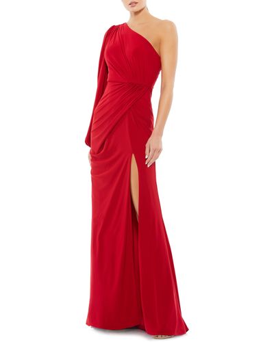 Mac Duggal One-shoulder Long Sleeve Ruched Jersey Gown - Red