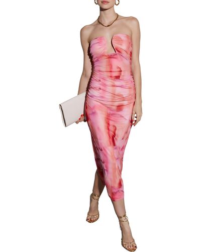 Vici Collection Delora Strapless Ruched Body-con Mesh Midi Dress - Pink