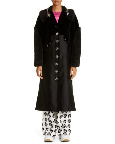 Chopova Lowena Freezing Faux Fur Trim Long Coat - Black