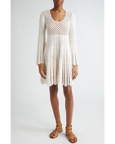 Michael Kors Long Sleeve Cashmere & Cotton Crochet Dress - White
