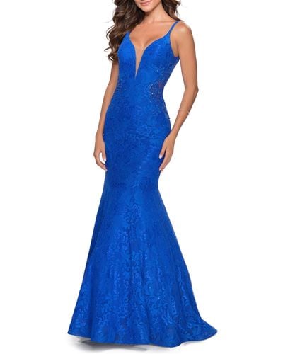 La Femme Sleeveless Lace Mermaid Gown - Blue