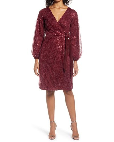 Chi Chi London Beaded Long Sleeve Faux Wrap Dress - Red
