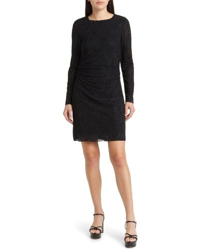 Kobi Halperin Inverse Sequin Ruched Long Sleeve Lace Minidress - Black