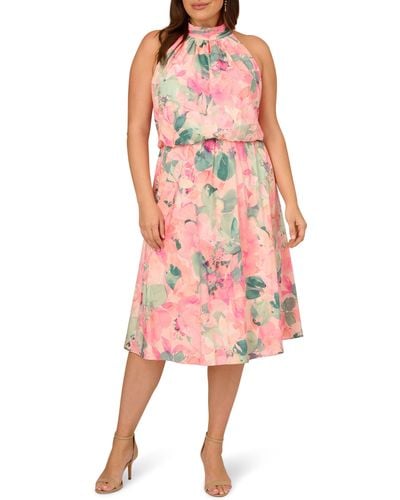 Adrianna Papell Floral Mock Neck Chiffon Cocktail Midi Dress - Multicolor