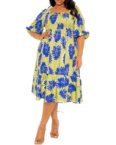 Buxom Couture Print Smocked Midi Dress - Blue